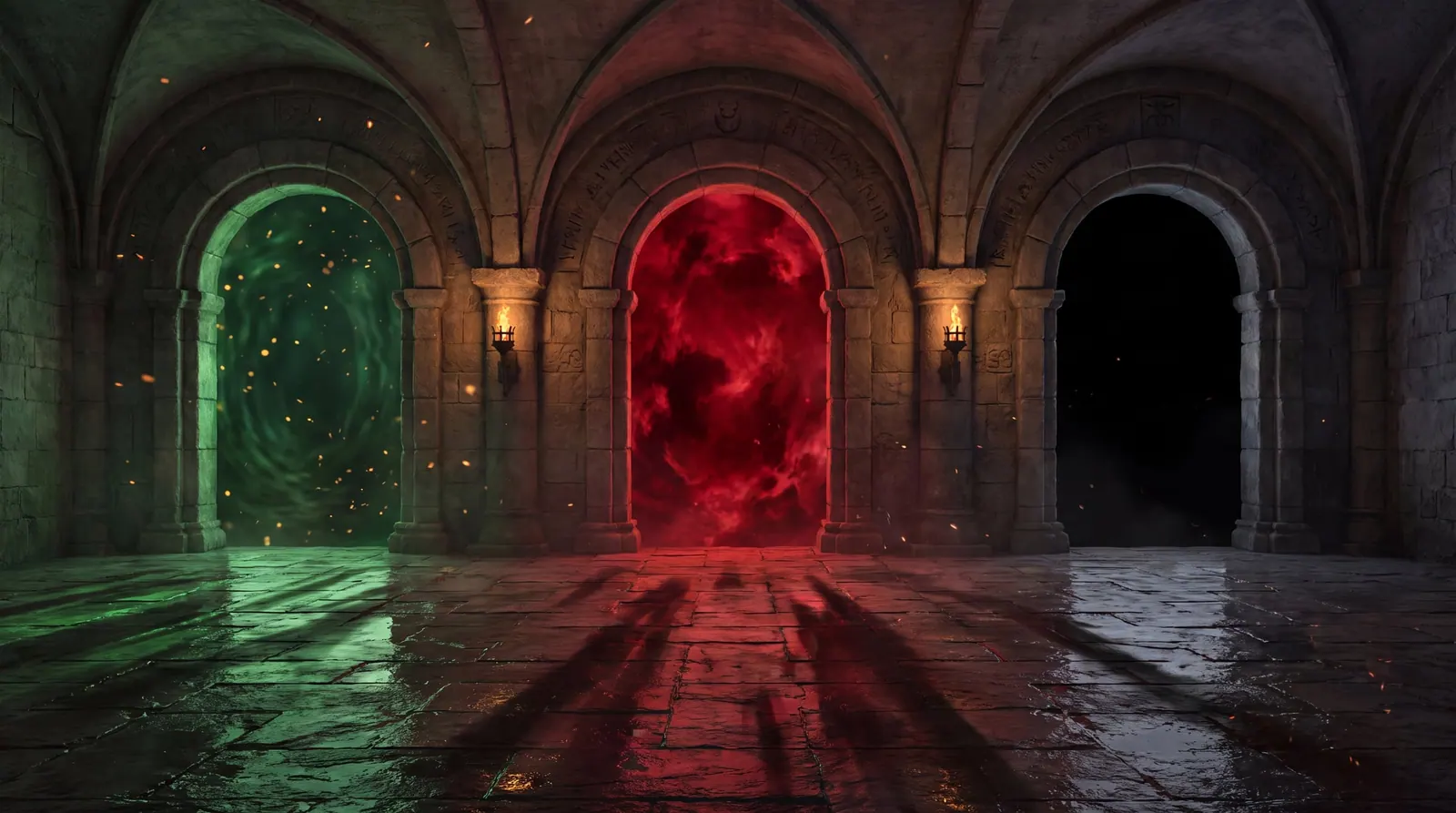 The Portal Chamber: three doorways in dark stone, two of them lit.