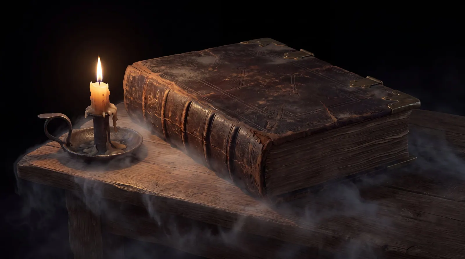 The bound first volume of the Indithar chronicles, closed on a dark table.